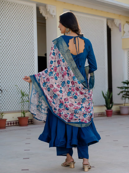 Elegant Deep Blue Flared Kurta Set with Printed Dupatta