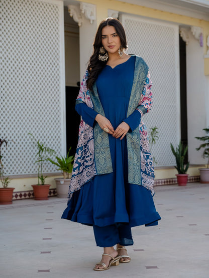 Elegant Deep Blue Flared Kurta Set with Printed Dupatta