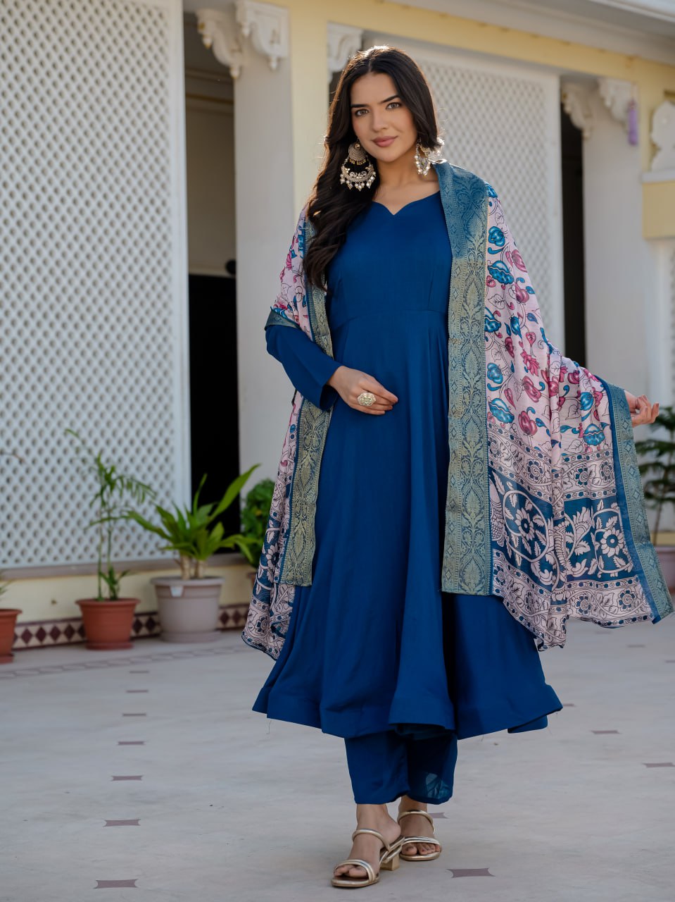 Elegant Deep Blue Flared Kurta Set with Printed Dupatta