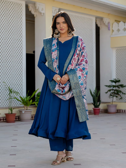 Elegant Deep Blue Flared Kurta Set with Printed Dupatta