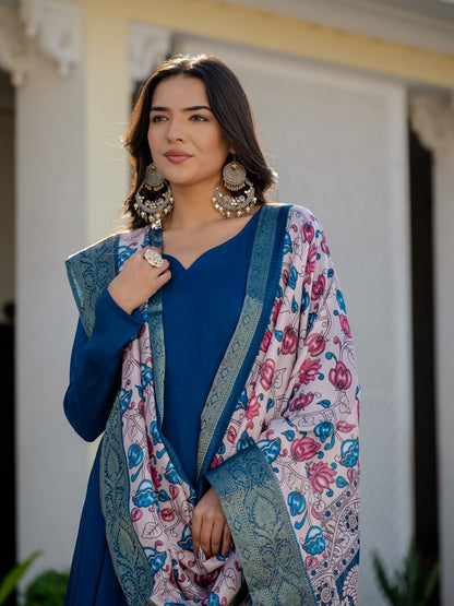 Elegant Deep Blue Flared Kurta Set with Printed Dupatta