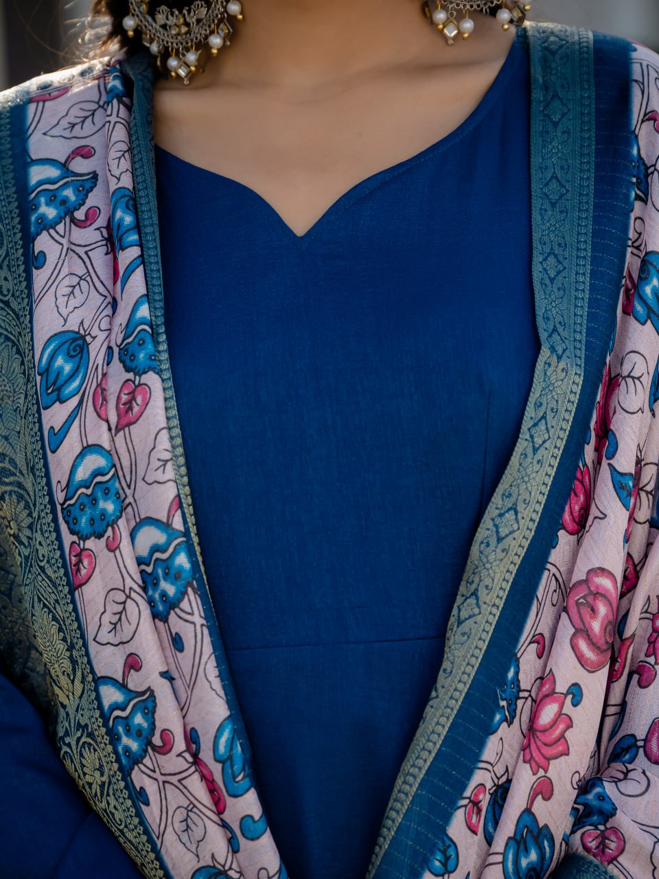 Elegant Deep Blue Flared Kurta Set with Printed Dupatta