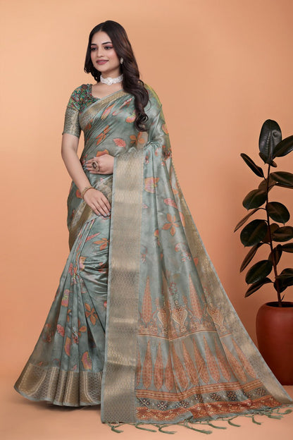 Women Sage Green Soft Silk Saree with Elegant Floral Prints & Rich Pallu