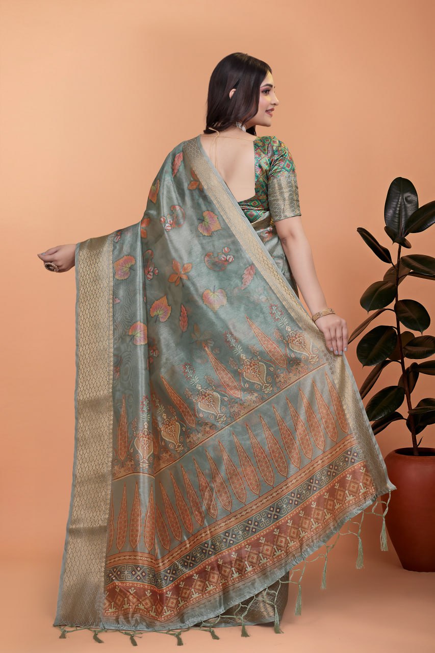 Women Sage Green Soft Silk Saree with Elegant Floral Prints & Rich Pallu