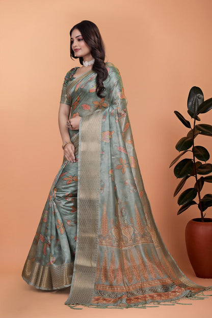 Women Sage Green Soft Silk Saree with Elegant Floral Prints & Rich Pallu