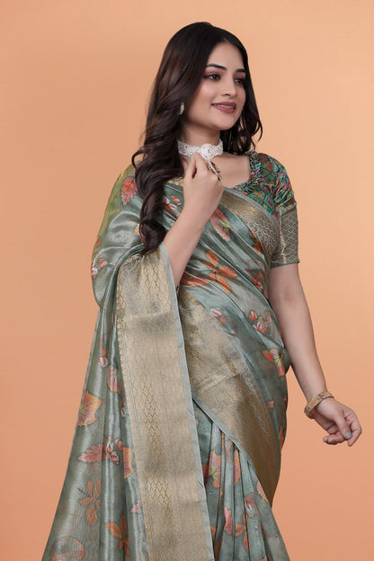 Women Sage Green Soft Silk Saree with Elegant Floral Prints & Rich Pallu