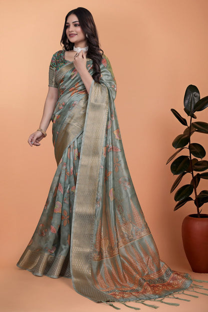 Women Sage Green Soft Silk Saree with Elegant Floral Prints & Rich Pallu