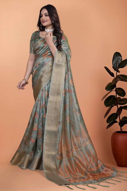 Women Sage Green Soft Silk Saree with Elegant Floral Prints & Rich Pallu