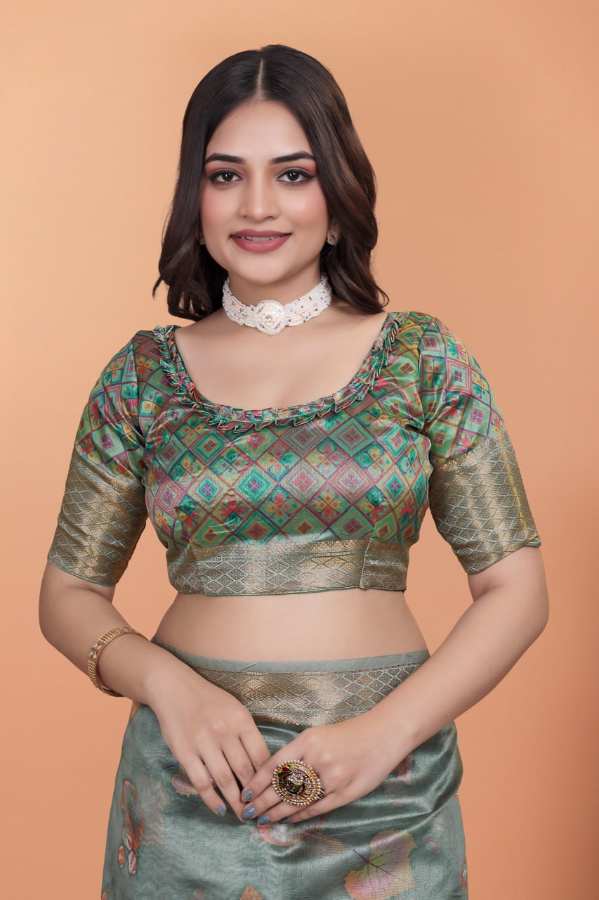 Women Sage Green Soft Silk Saree with Elegant Floral Prints & Rich Pallu