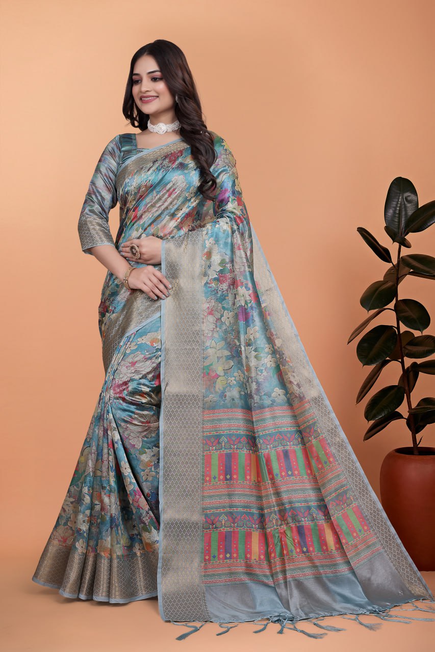 The Neo-Classic Multi-colour Printed Silk Saree with Metallic Zari