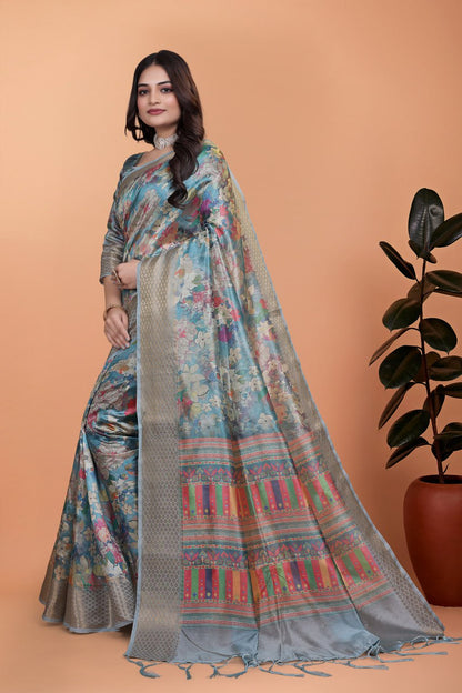 The Neo-Classic Multi-colour Printed Silk Saree with Metallic Zari