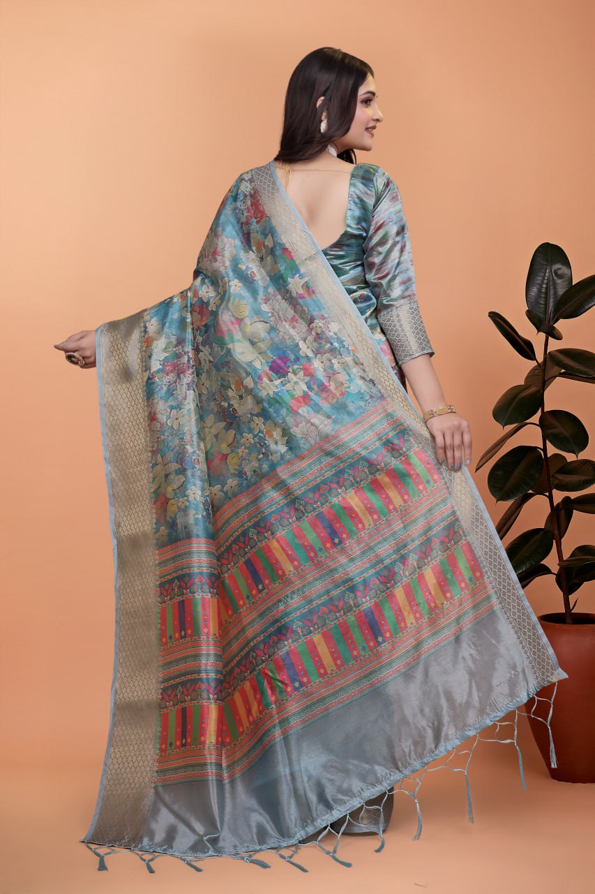 The Neo-Classic Multi-colour Printed Silk Saree with Metallic Zari