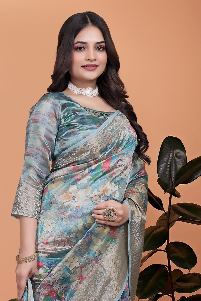The Neo-Classic Multi-colour Printed Silk Saree with Metallic Zari