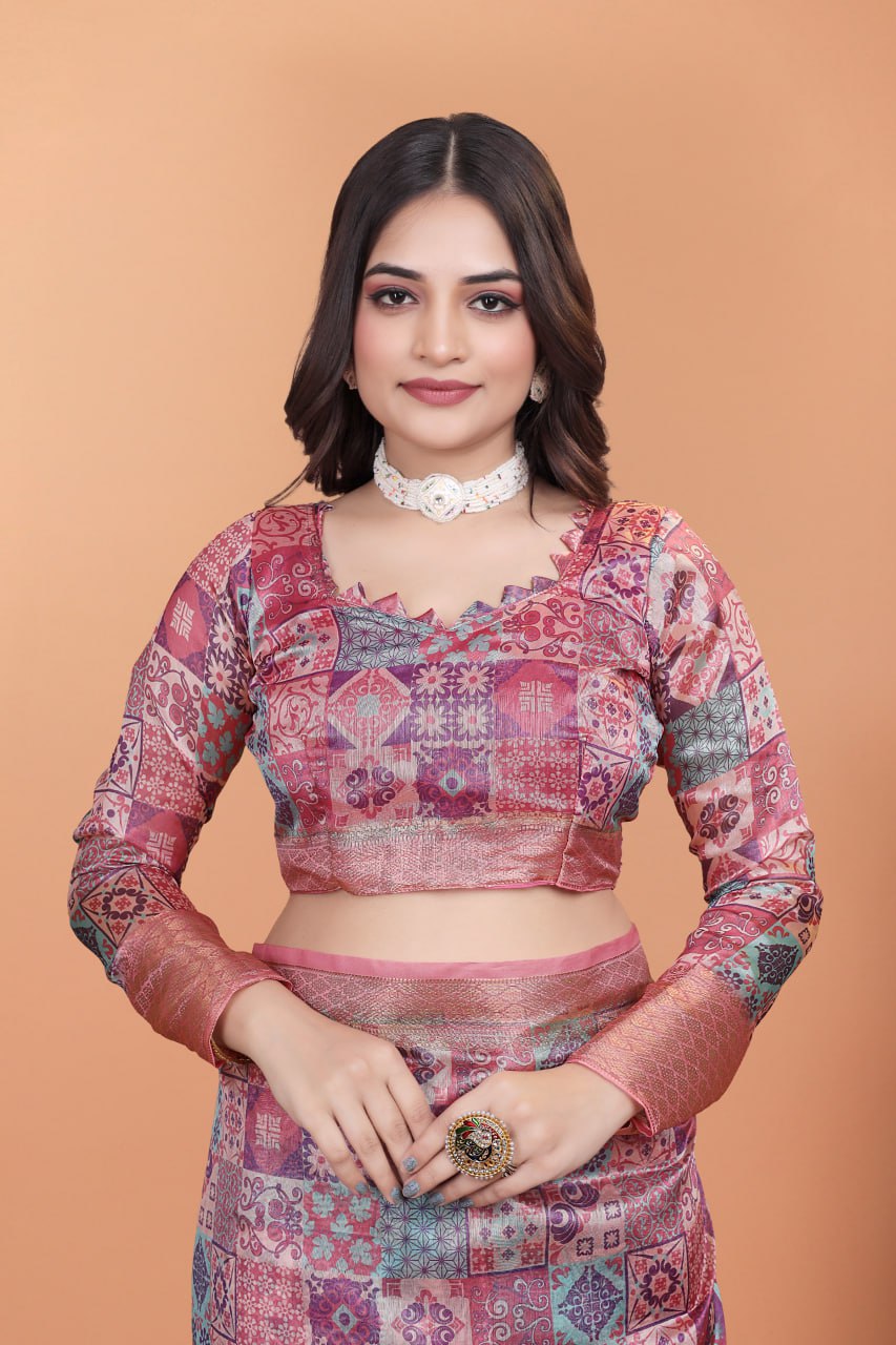 Pink Soft Silk Saree with Copper Zari Border & Multicolor Pallu