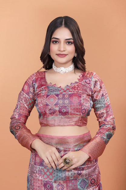 Pink Soft Silk Saree with Copper Zari Border & Multicolor Pallu