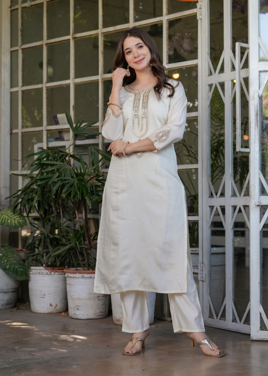 Premium Festive White Viscose Chanderi Embroidered Suit Set with Elegant Dupatta