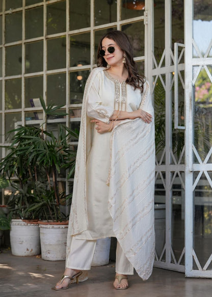 Premium Festive White Viscose Chanderi Embroidered Suit Set with Elegant Dupatta