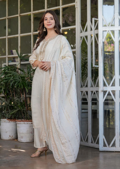 Premium Festive White Viscose Chanderi Embroidered Suit Set with Elegant Dupatta