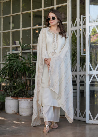 Premium Festive White Viscose Chanderi Embroidered Suit Set with Elegant Dupatta