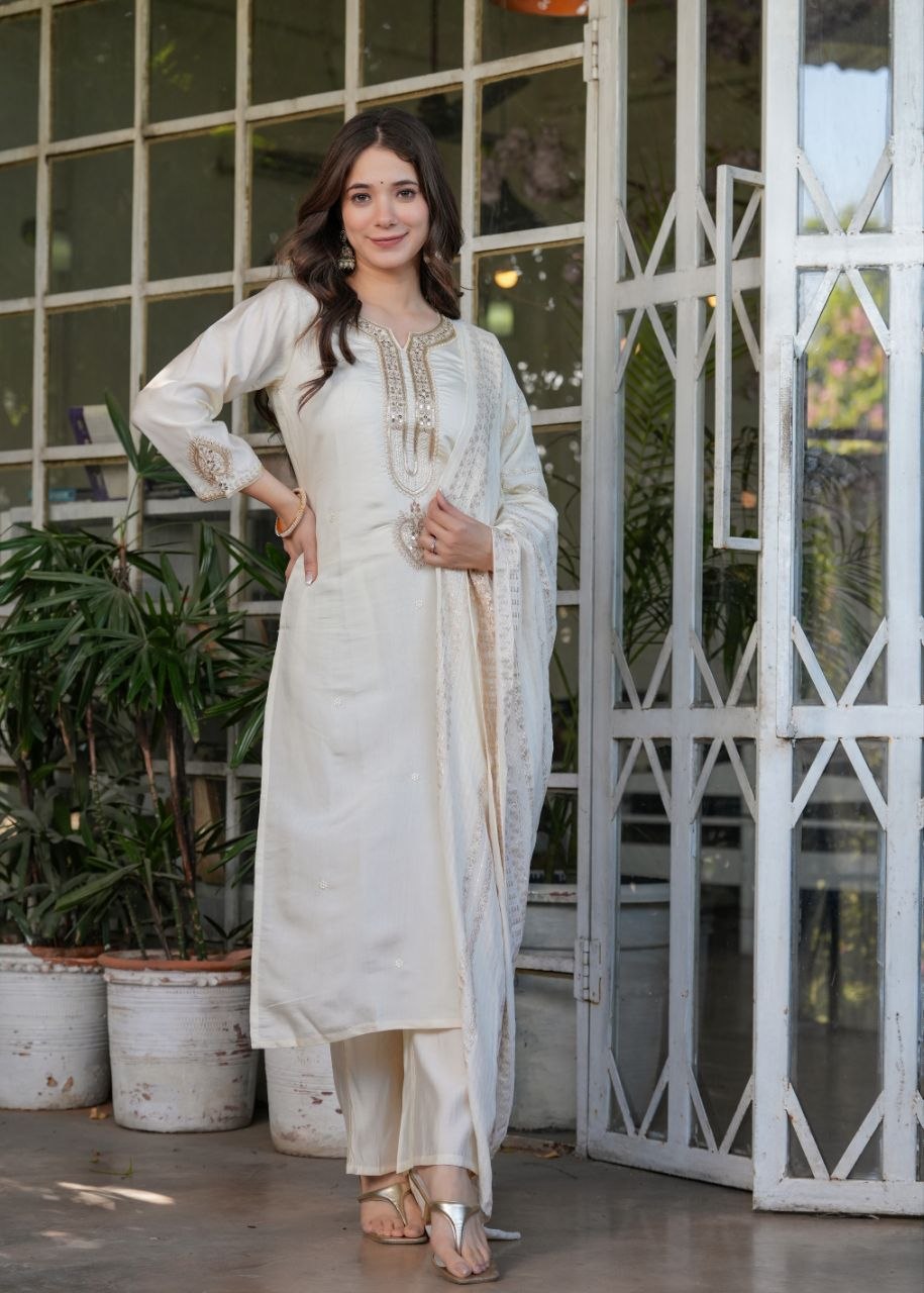 Premium Festive White Viscose Chanderi Embroidered Suit Set with Elegant Dupatta