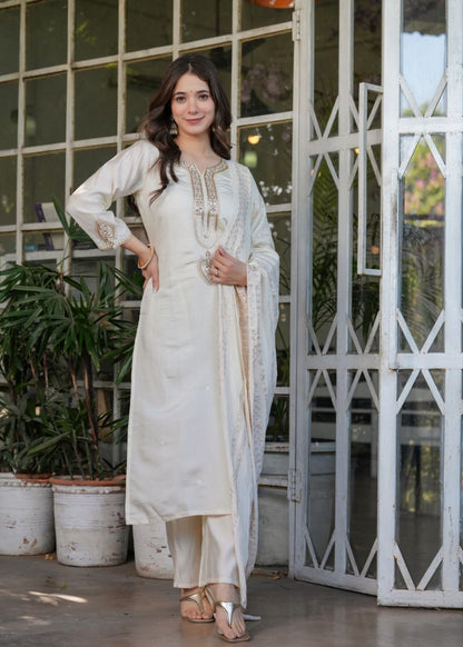 Premium Festive White Viscose Chanderi Embroidered Suit Set with Elegant Dupatta