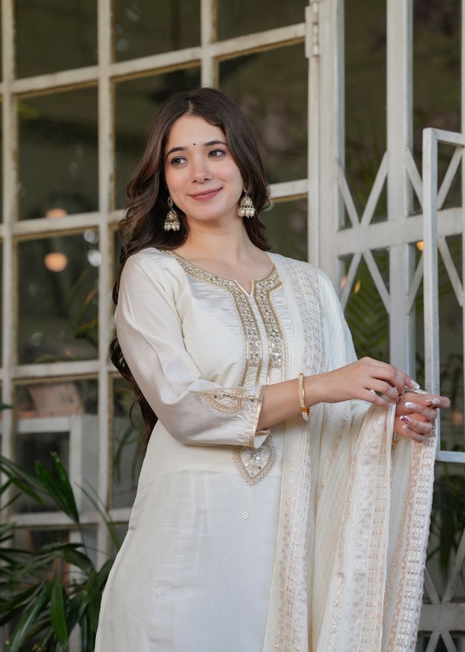 Premium Festive White Viscose Chanderi Embroidered Suit Set with Elegant Dupatta