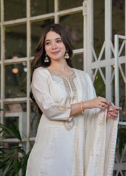 Premium Festive White Viscose Chanderi Embroidered Suit Set with Elegant Dupatta