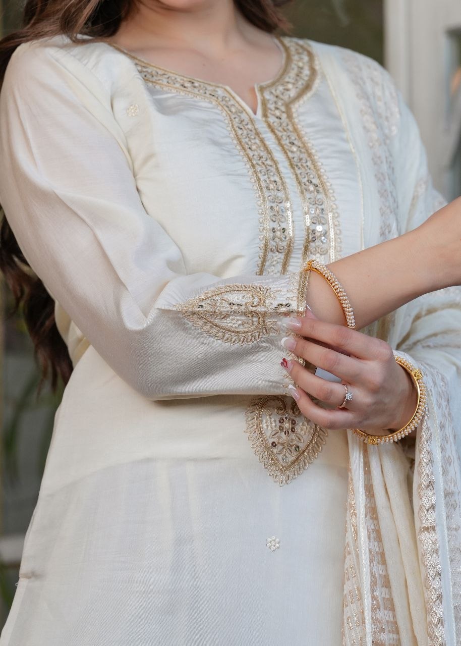 Premium Festive White Viscose Chanderi Embroidered Suit Set with Elegant Dupatta