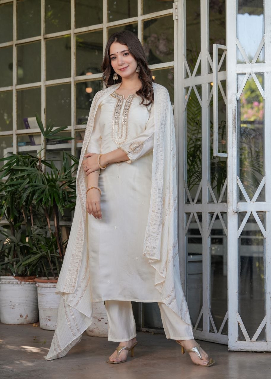 Premium Festive White Viscose Chanderi Embroidered Suit Set with Elegant Dupatta