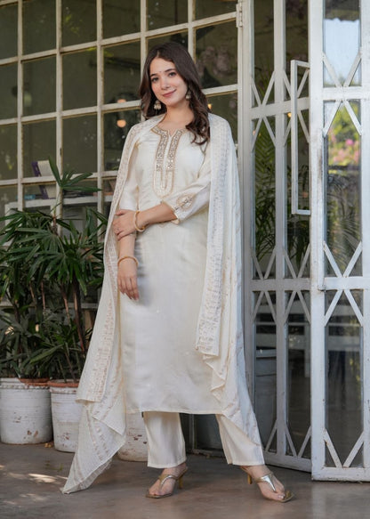 Premium Festive White Viscose Chanderi Embroidered Suit Set with Elegant Dupatta