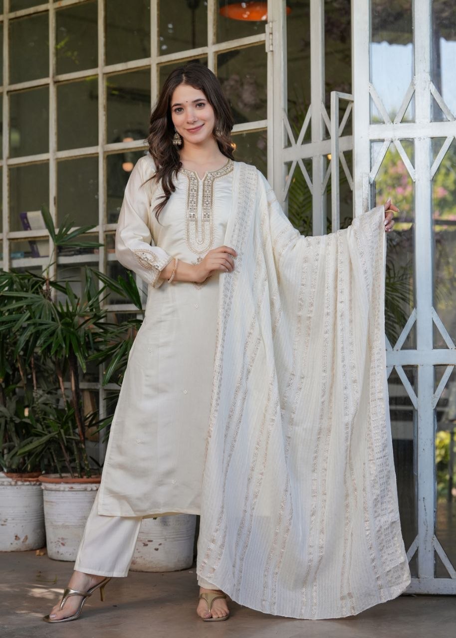 Premium Festive White Viscose Chanderi Embroidered Suit Set with Elegant Dupatta