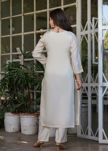 Premium Festive White Viscose Chanderi Embroidered Suit Set with Elegant Dupatta