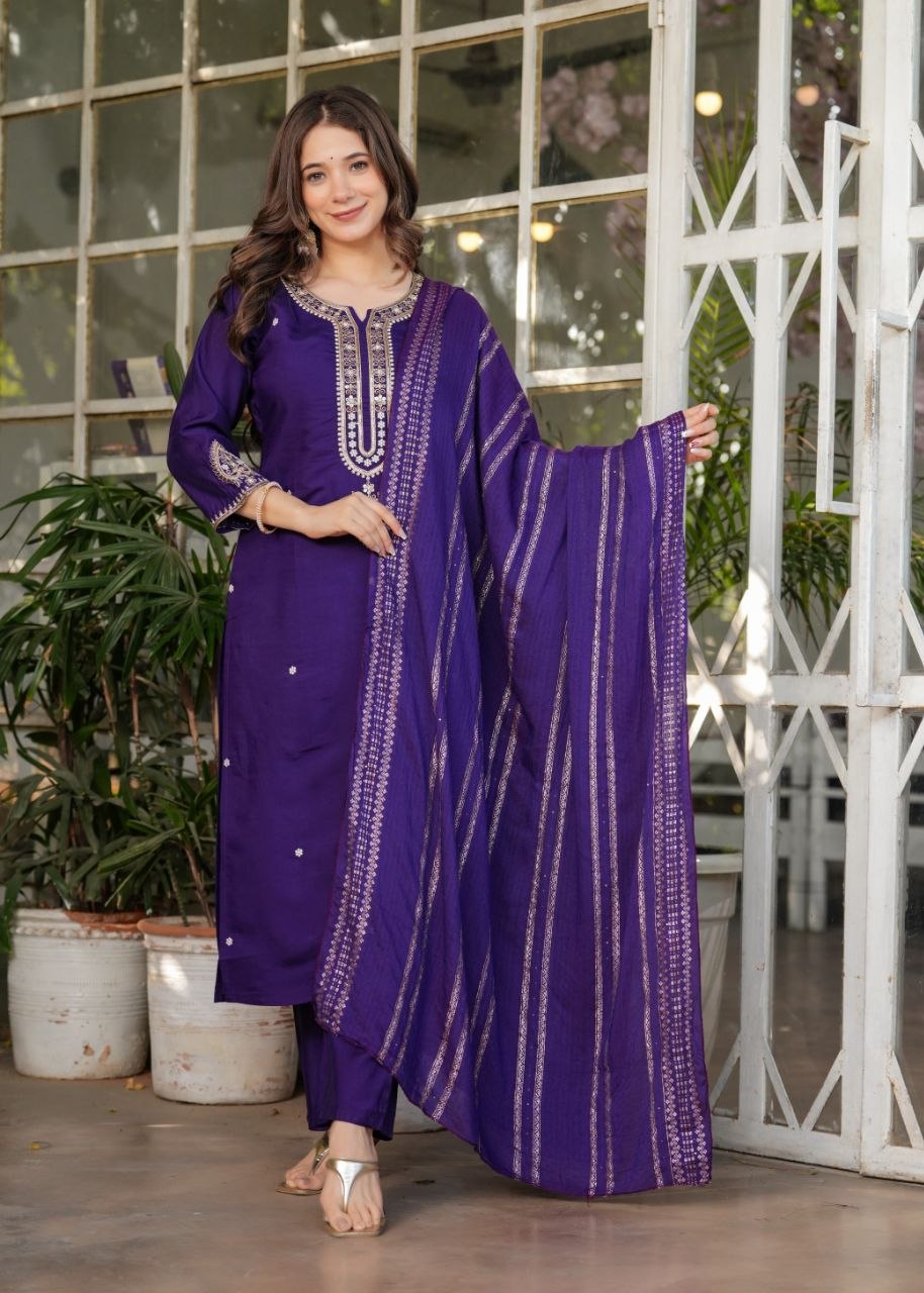 Royal Purple Embroidered 3-Piece Ethnic Suit Set with Matching Dupatta for Women