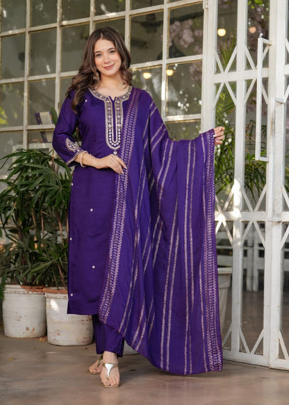 Royal Purple Embroidered 3-Piece Ethnic Suit Set with Matching Dupatta for Women
