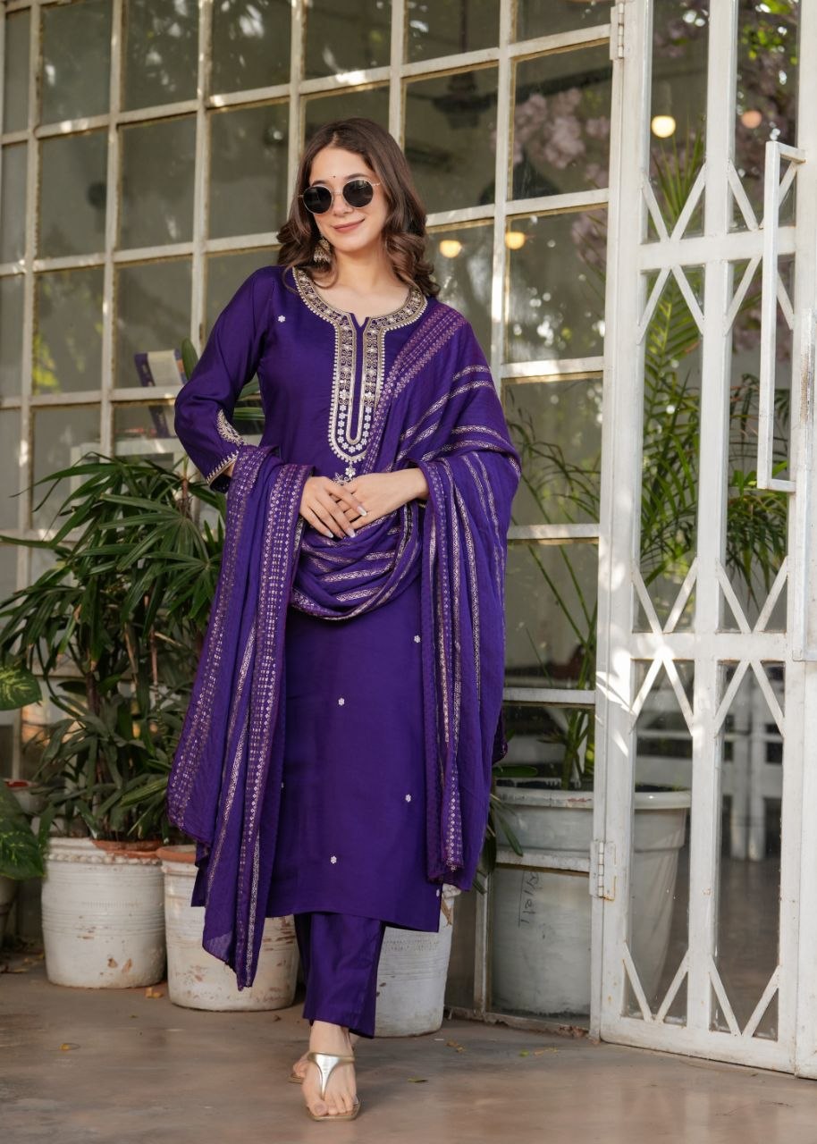 Royal Purple Embroidered 3-Piece Ethnic Suit Set with Matching Dupatta for Women