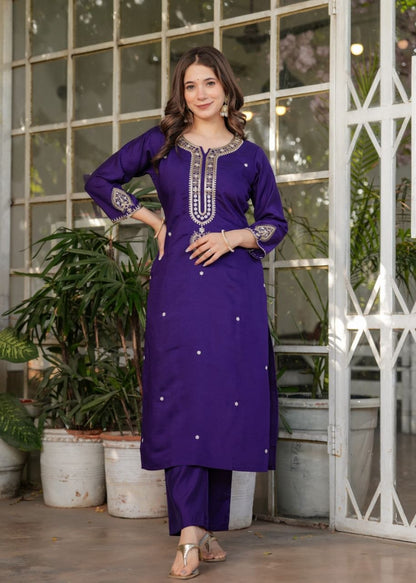 Royal Purple Embroidered 3-Piece Ethnic Suit Set with Matching Dupatta for Women