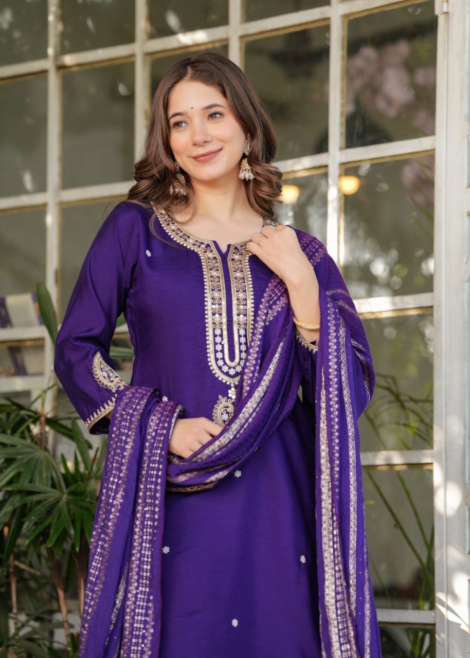 Royal Purple Embroidered 3-Piece Ethnic Suit Set with Matching Dupatta for Women