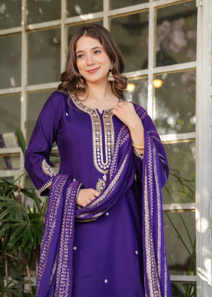 Royal Purple Embroidered 3-Piece Ethnic Suit Set with Matching Dupatta for Women