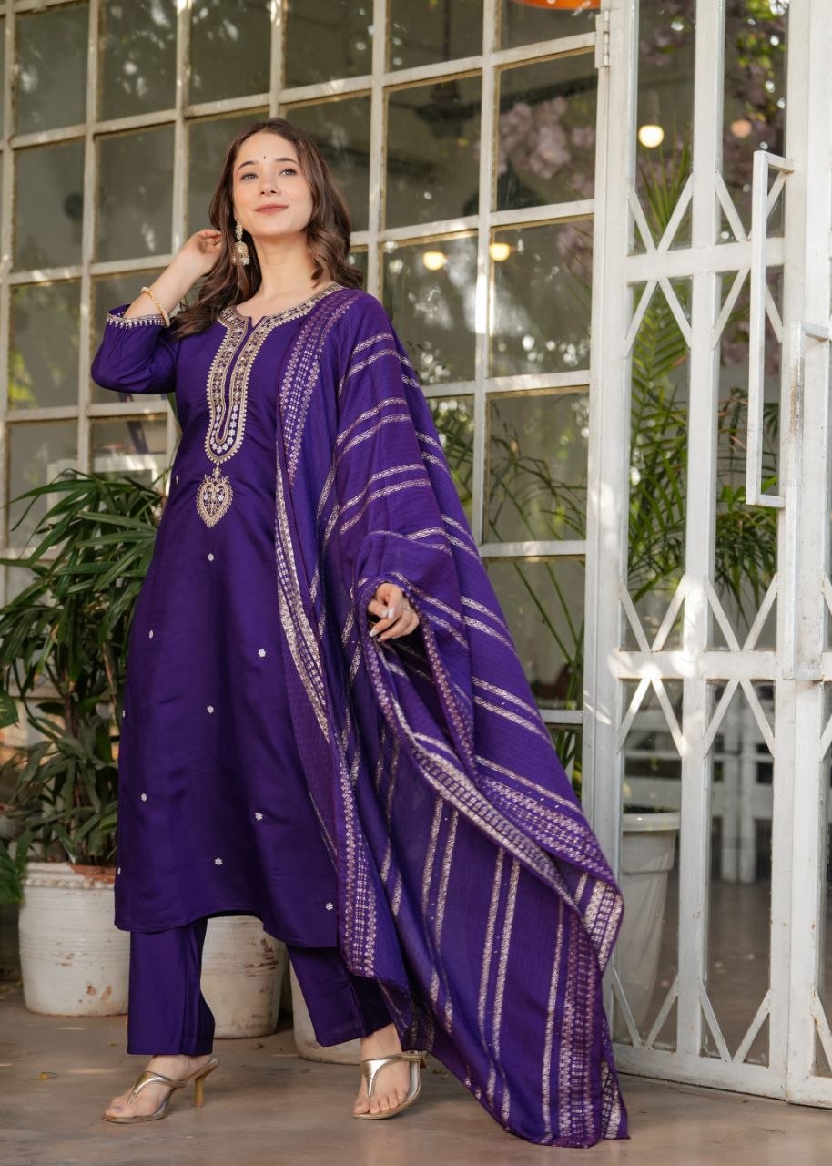 Royal Purple Embroidered 3-Piece Ethnic Suit Set with Matching Dupatta for Women