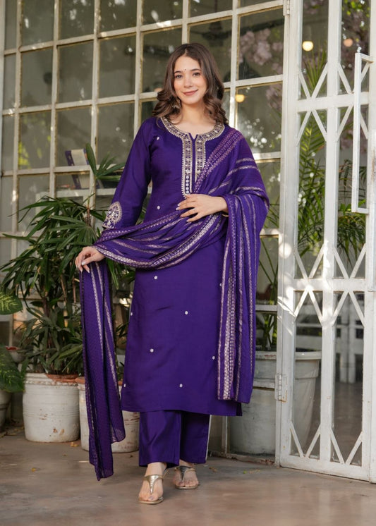 Royal Purple Embroidered 3-Piece Ethnic Suit Set with Matching Dupatta for Women