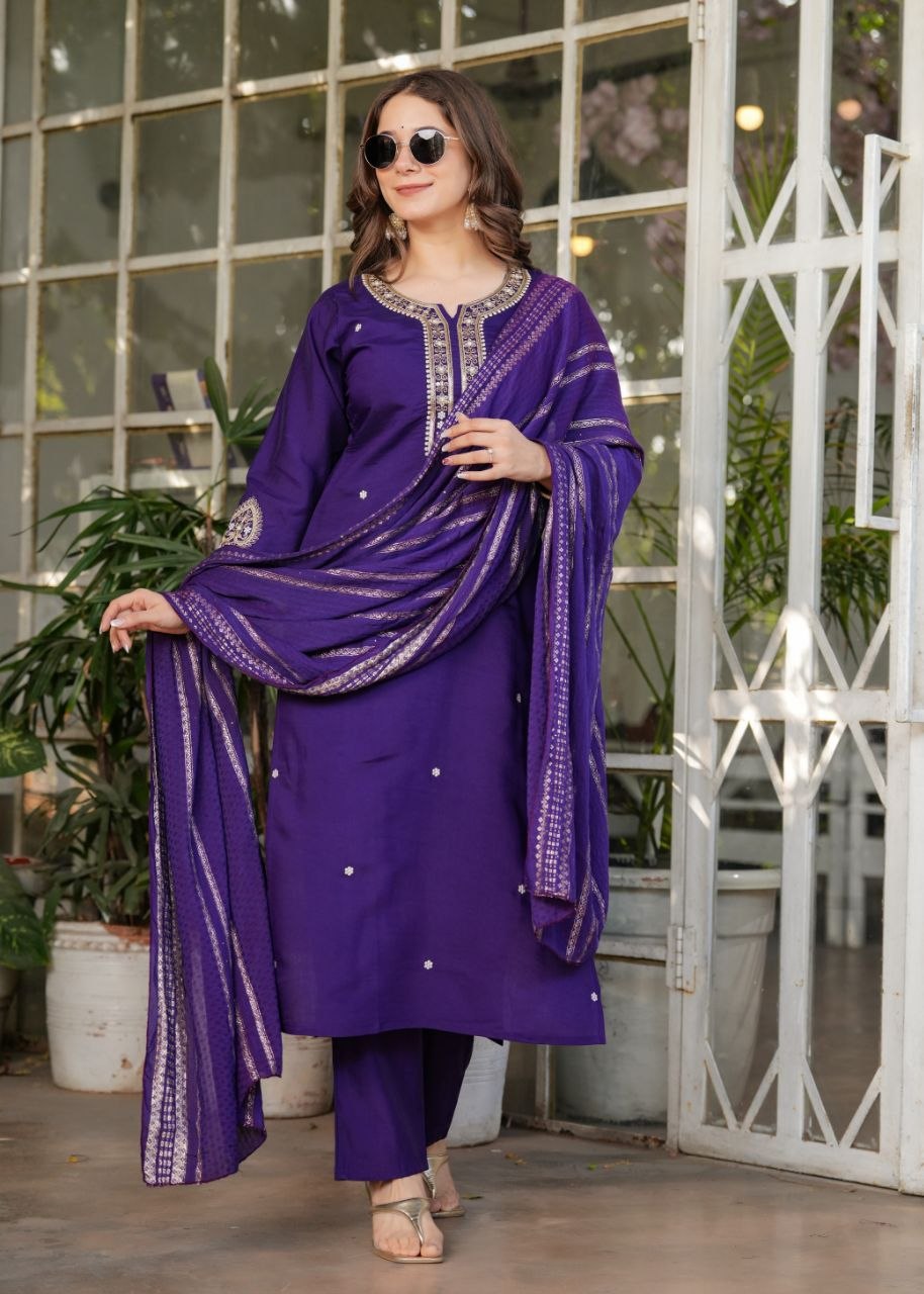 Royal Purple Embroidered 3-Piece Ethnic Suit Set with Matching Dupatta for Women