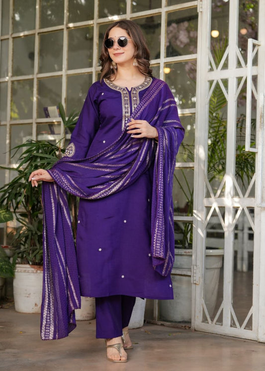 Royal Purple Embroidered 3-Piece Ethnic Suit Set with Matching Dupatta for Women