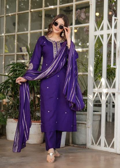 Royal Purple Embroidered 3-Piece Ethnic Suit Set with Matching Dupatta for Women