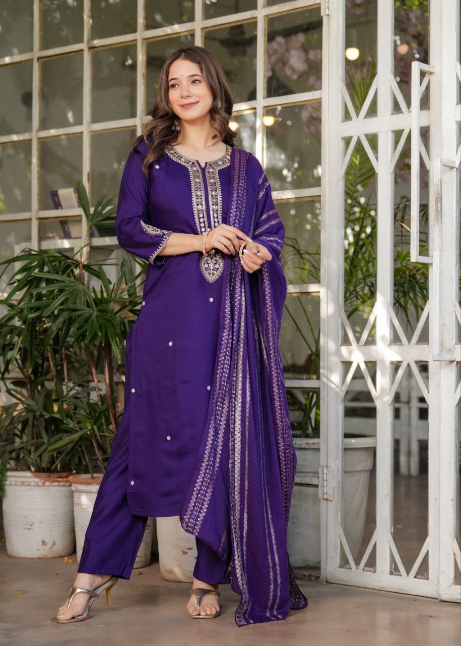 Royal Purple Embroidered 3-Piece Ethnic Suit Set with Matching Dupatta for Women