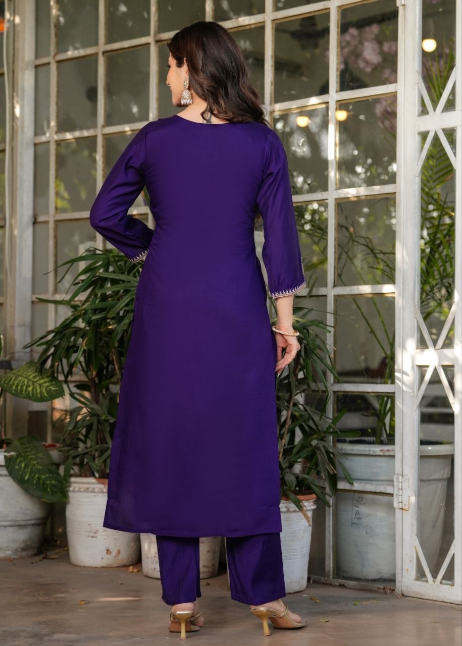 Royal Purple Embroidered 3-Piece Ethnic Suit Set with Matching Dupatta for Women