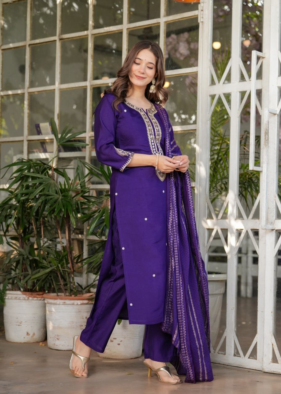 Royal Purple Embroidered 3-Piece Ethnic Suit Set with Matching Dupatta for Women