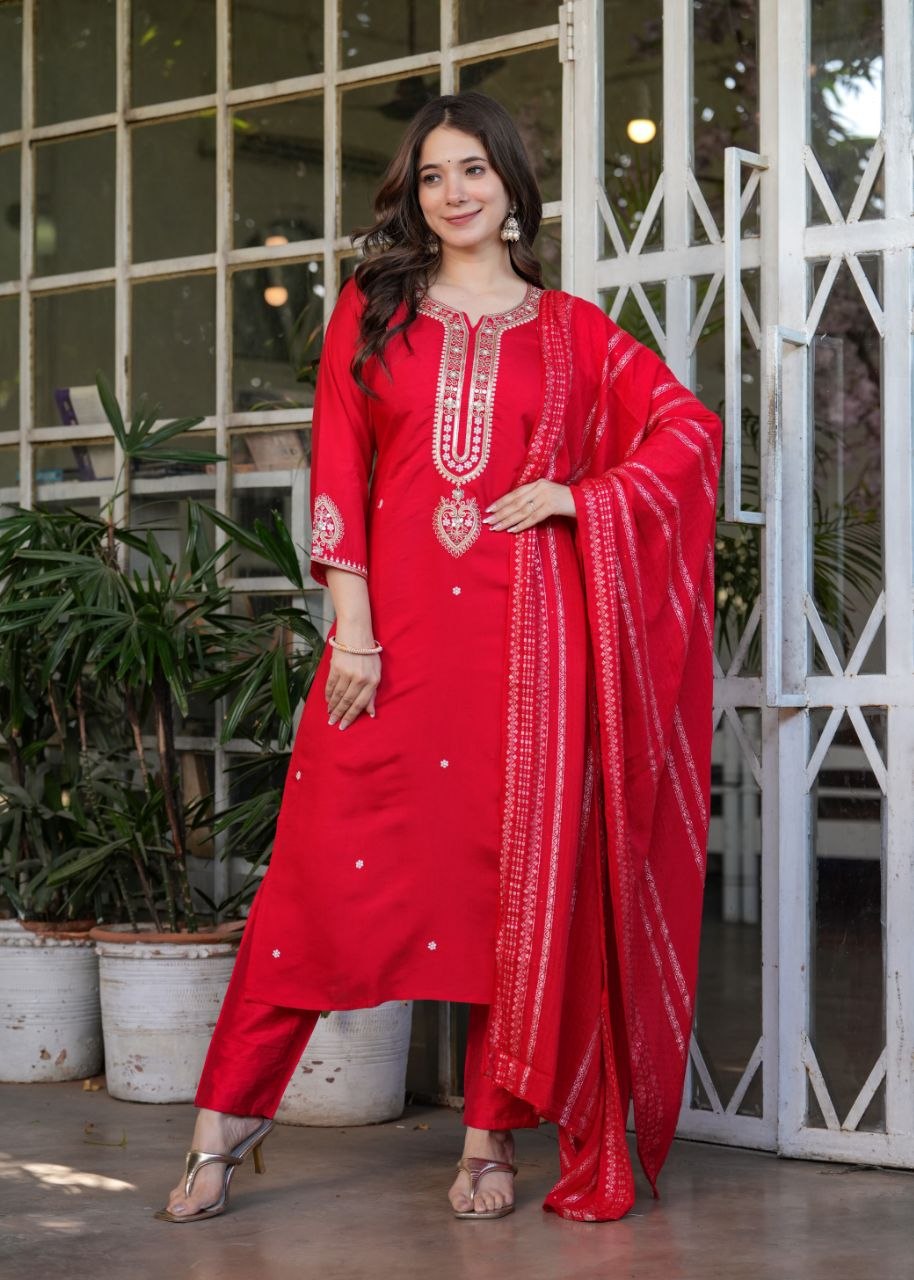 Elegant Viscose Chanderi Embroidered Suit Set with Designer Dupatta