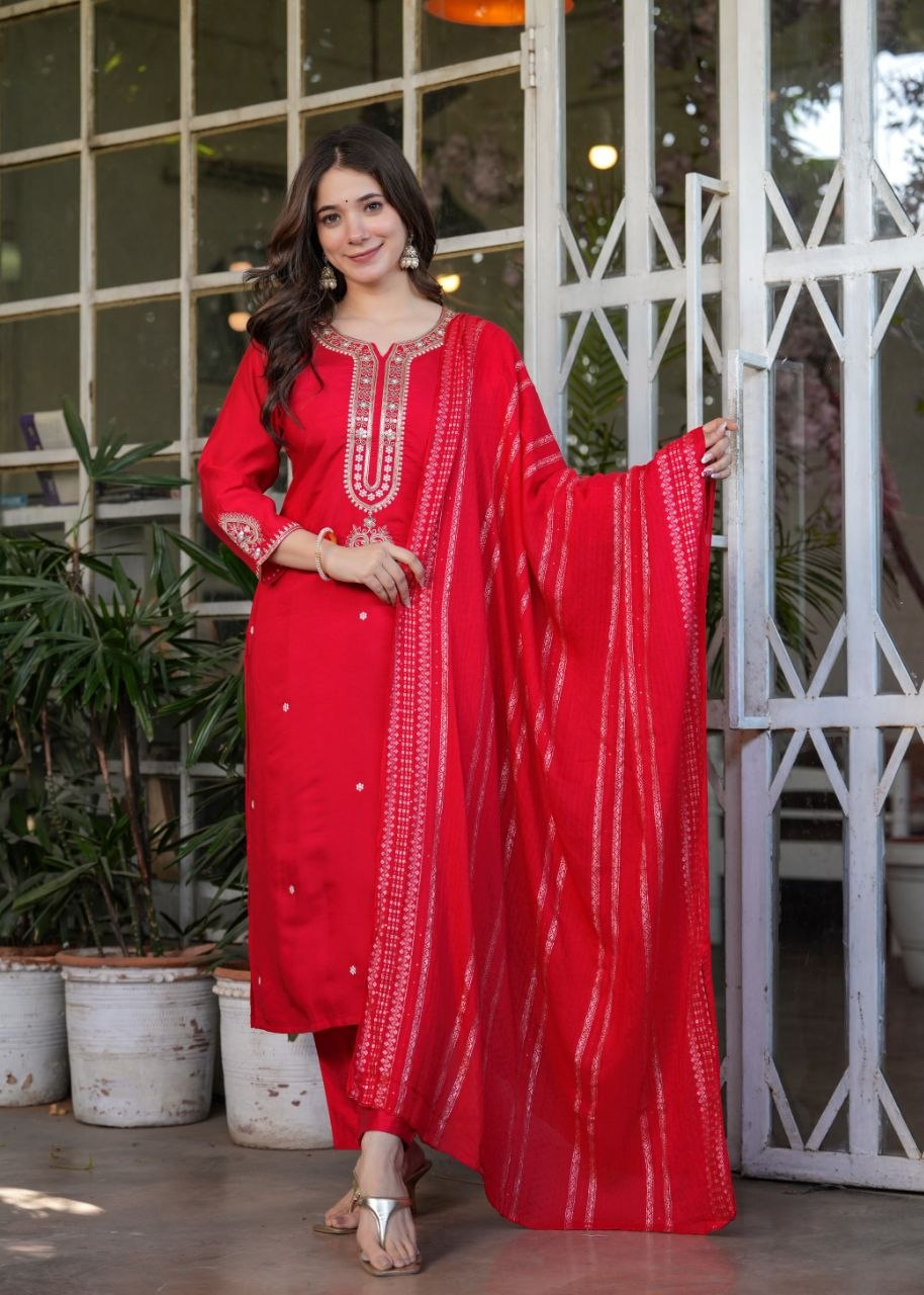 Elegant Viscose Chanderi Embroidered Suit Set with Designer Dupatta