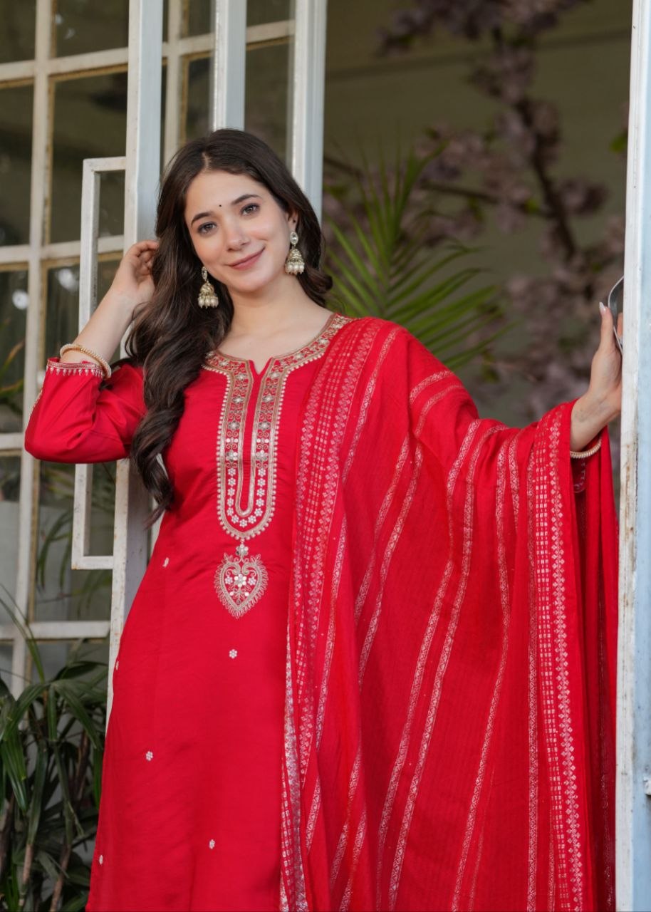 Elegant Viscose Chanderi Embroidered Suit Set with Designer Dupatta