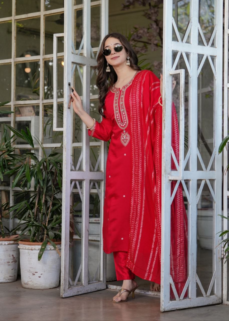 Elegant Viscose Chanderi Embroidered Suit Set with Designer Dupatta